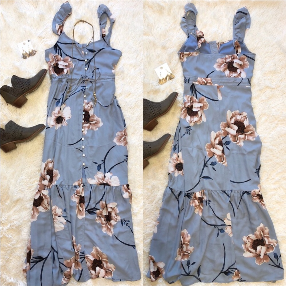 Baby blue and tan floral print maxi dress